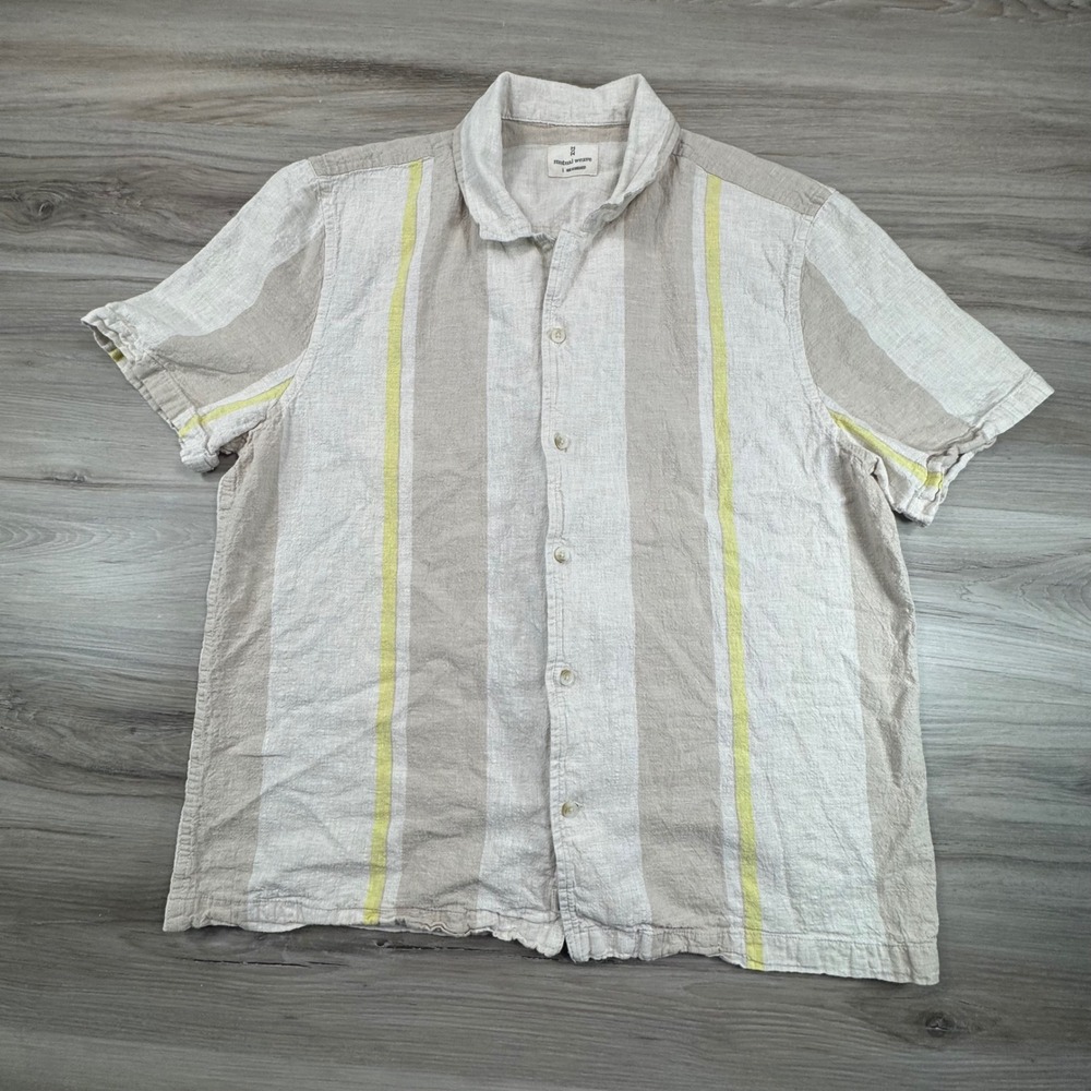 Mutual Weave Mens Large Linen Blend Short Sleeve Striped Button Down Shirt Beige